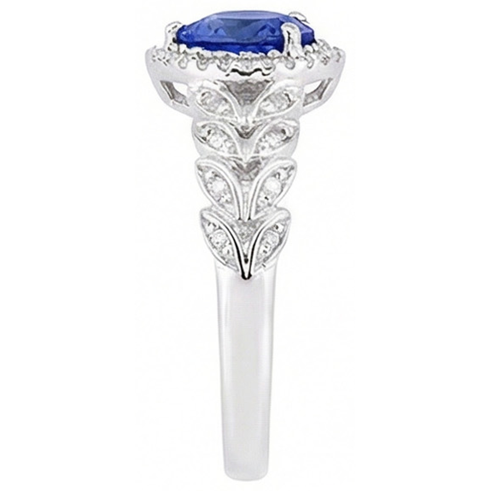 White Gold Halo Heart Blue Sapphire Ring Leaf Style 2.50 Carats