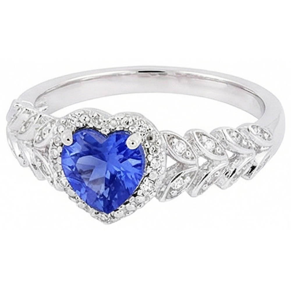 White Gold Halo Heart Blue Sapphire Ring Leaf Style 2.50 Carats