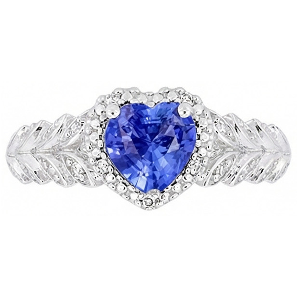 White Gold Halo Heart Blue Sapphire Ring Leaf Style 2.50 Carats