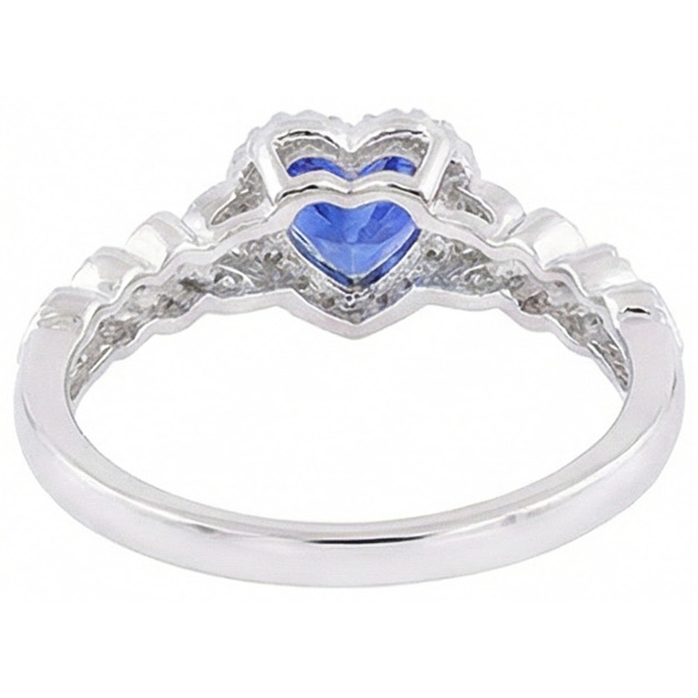 White Gold Halo Heart Blue Sapphire Ring Leaf Style 2.50 Carats