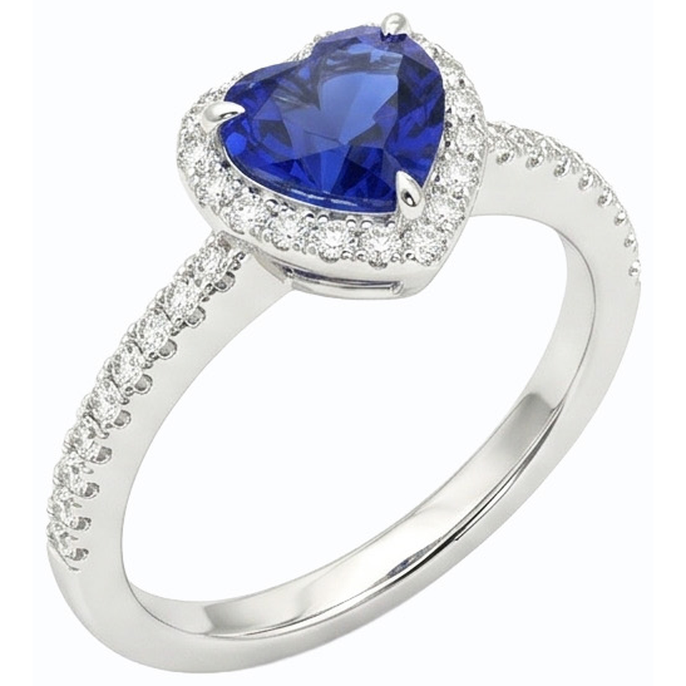 White Gold Halo Heart Ceylon Sapphire Ring & Pave Set Natural Earth Mined Diamond ( Not Lab Grown ) 3 Carats