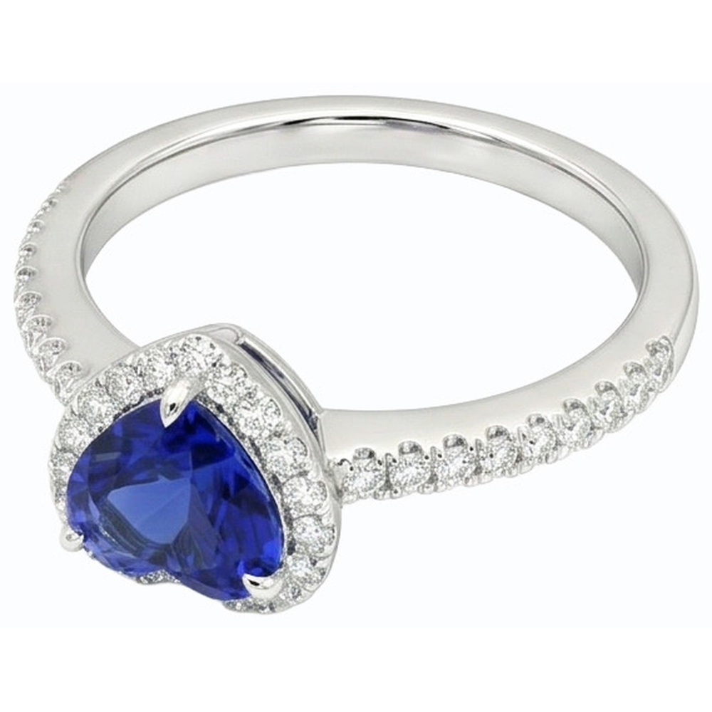 White Gold Halo Heart Ceylon Sapphire Ring & Pave Set Natural Earth Mined Diamond ( Not Lab Grown ) 3 Carats