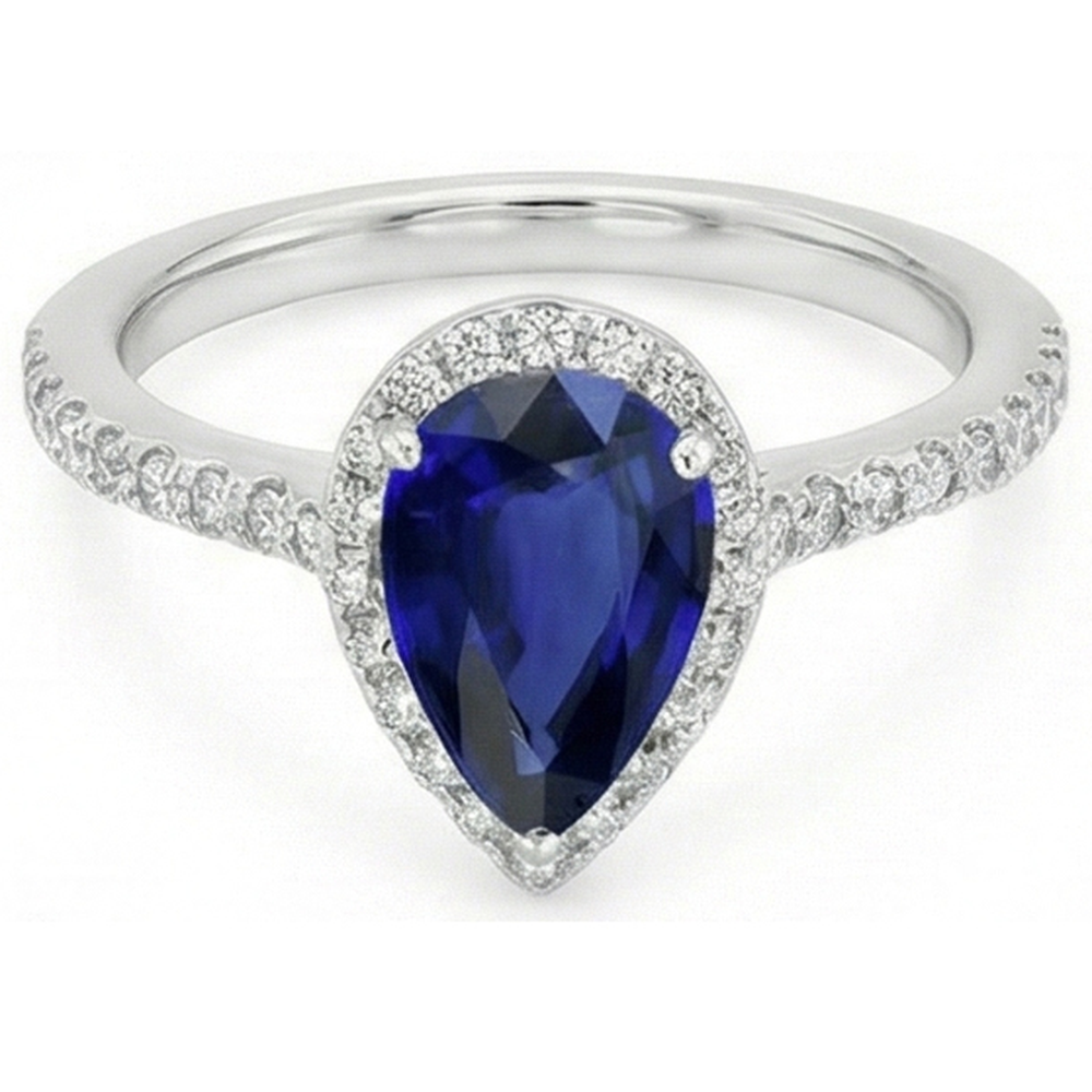 White Gold Halo Pear Sri Lankan Sapphire Ring 3.50 Carats Natural Earth Mined Diamonds
