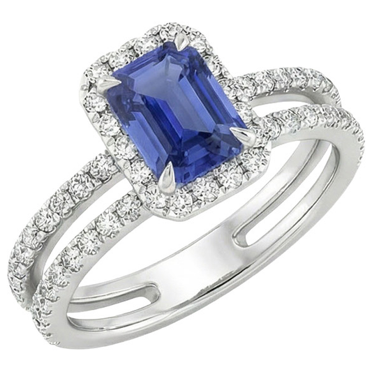 White Gold Halo Ring Emerald Blue Sapphire & Natural Earth Mined Diamond ( Not Lab Grown ) 5 Carats