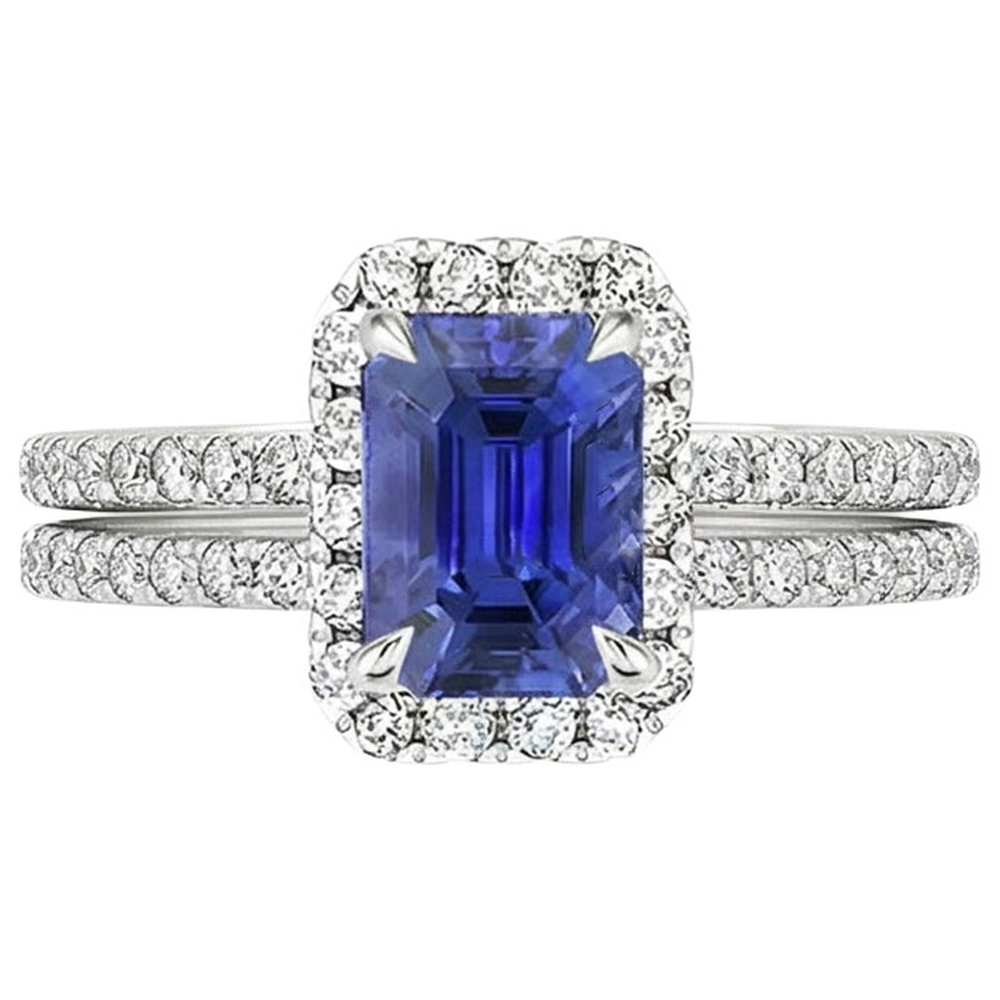 White Gold Halo Ring Emerald Blue Sapphire & Natural Earth Mined Diamond ( Not Lab Grown ) 5 Carats