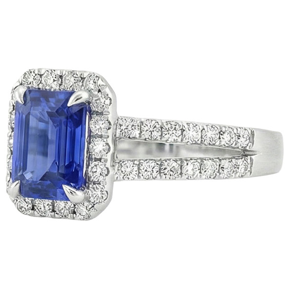 White Gold Halo Ring Emerald Blue Sapphire & Natural Earth Mined Diamond ( Not Lab Grown ) 5 Carats