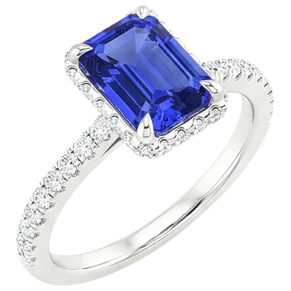 White Gold Halo Ring Emerald Blue Sapphire & Natural Earth Mined Diamond ( Not Lab Grown ) 4.25 Carats