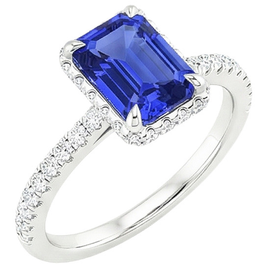 White Gold Halo Ring Emerald Blue Sapphire & Natural Earth Mined Diamond ( Not Lab Grown ) 4.25 Carats