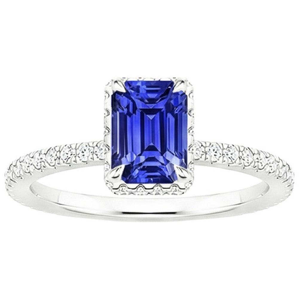 White Gold Halo Ring Emerald Blue Sapphire & Natural Earth Mined Diamond ( Not Lab Grown ) 4.25 Carats