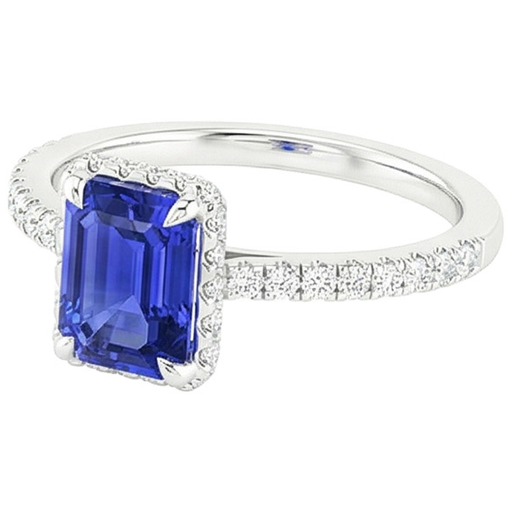 White Gold Halo Ring Emerald Blue Sapphire & Natural Earth Mined Diamond ( Not Lab Grown ) 4.25 Carats