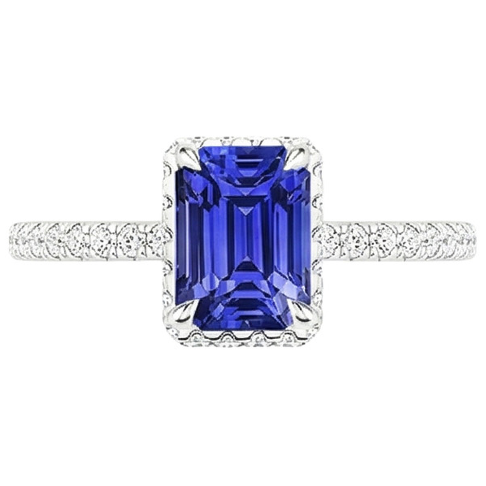 White Gold Halo Ring Emerald Blue Sapphire & Natural Earth Mined Diamond ( Not Lab Grown ) 4.25 Carats