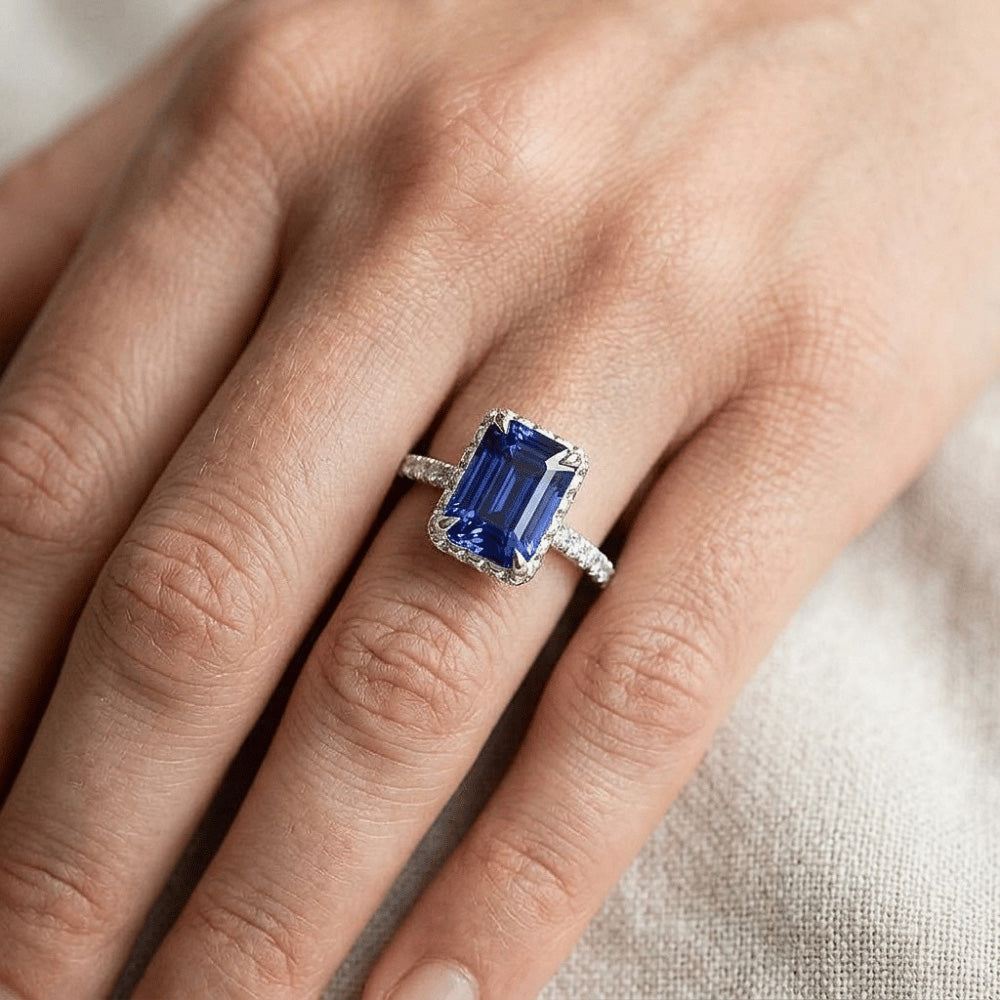 White Gold Halo Ring Emerald Blue Sapphire & Natural Earth Mined Diamond ( Not Lab Grown ) 4.25 Carats