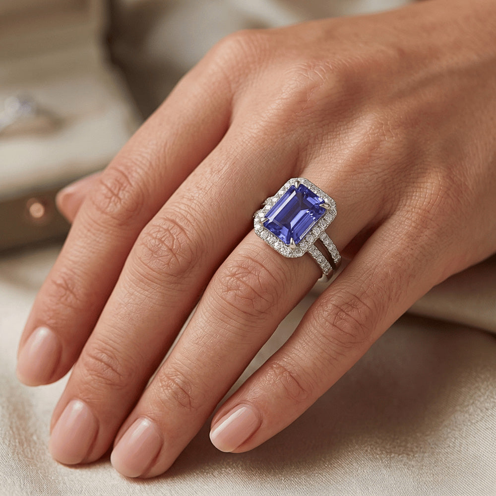 White Gold Halo Ring Emerald Blue Sapphire & Natural Earth Mined Diamond ( Not Lab Grown ) 5 Carats