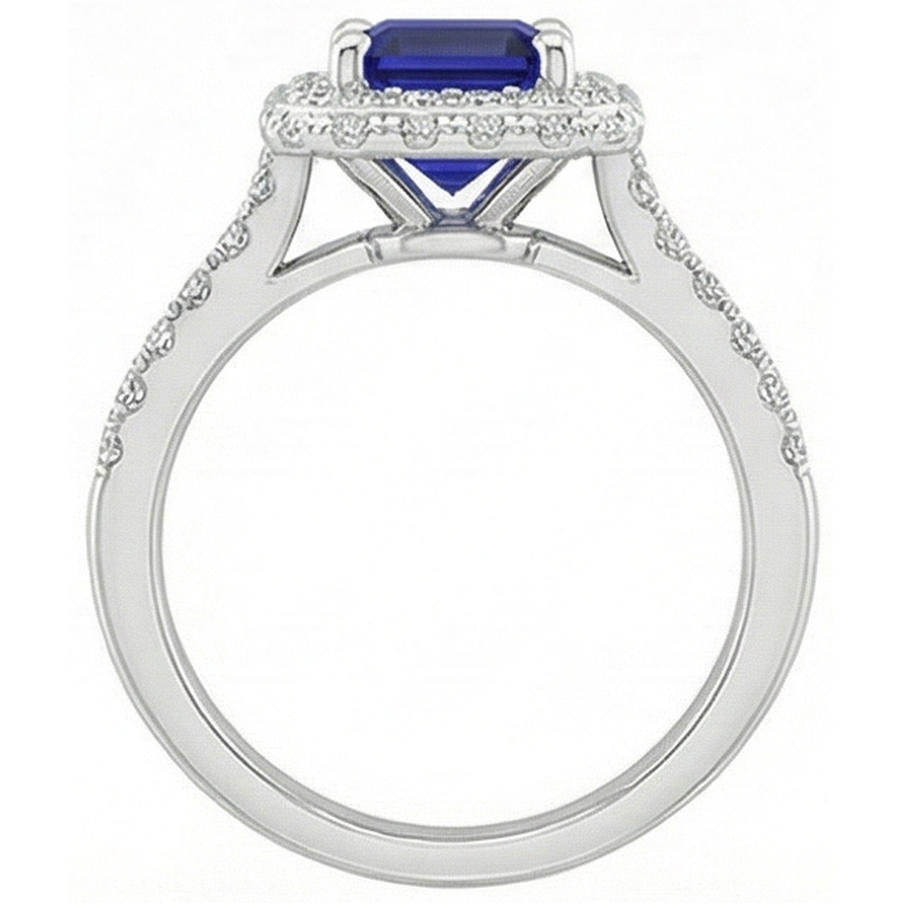 White Gold Halo Ring Emerald Ceylon Sapphire & Natural Earth Mined Diamond ( Not Lab Grown ) 4.25 Carats