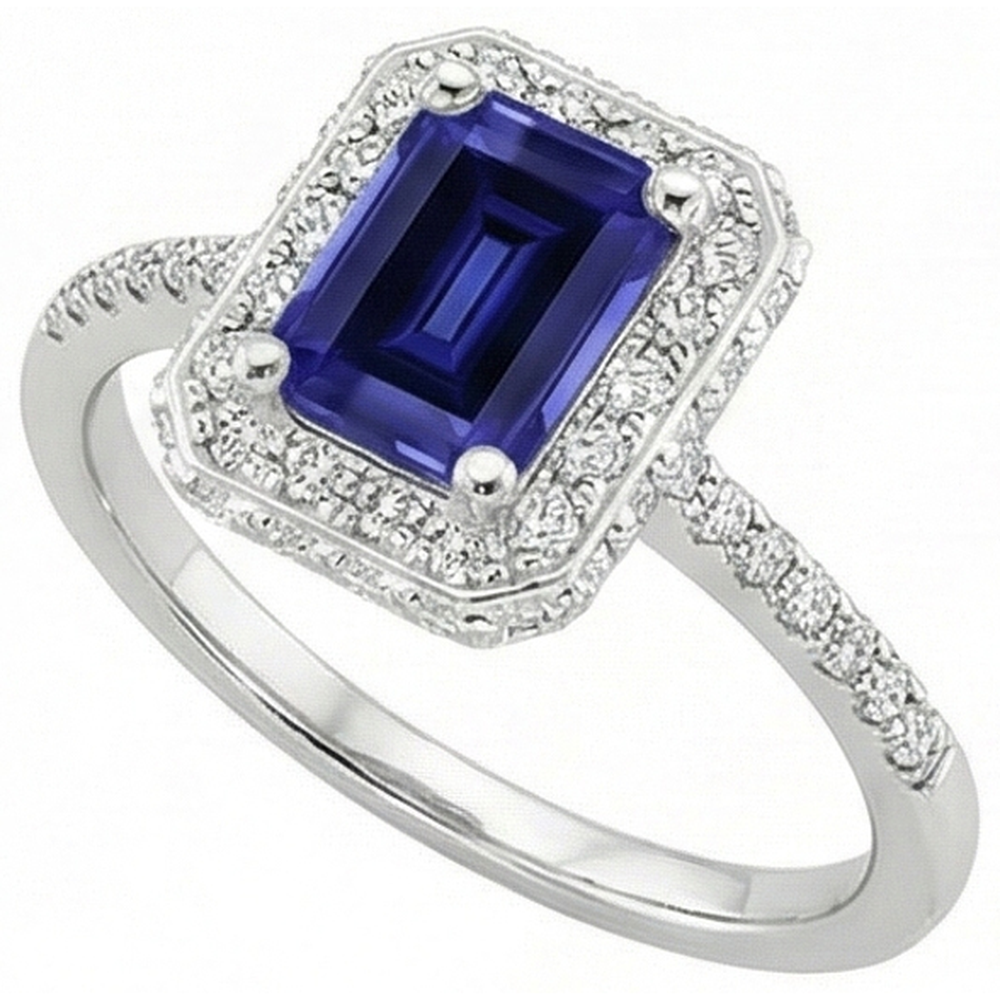 White Gold Halo Ring Emerald Ceylon Sapphire & Natural Earth Mined Diamond ( Not Lab Grown ) 4.25 Carats