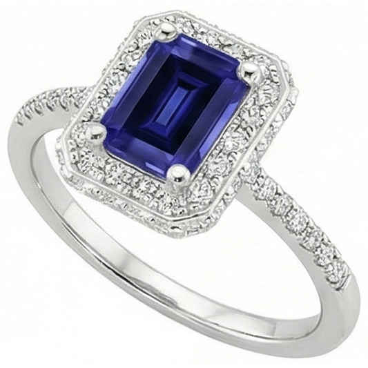 White Gold Halo Ring Emerald Ceylon Sapphire & Natural Earth Mined Diamond ( Not Lab Grown ) 4.25 Carats