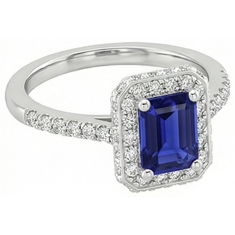 White Gold Halo Ring Emerald Ceylon Sapphire & Natural Earth Mined Diamond ( Not Lab Grown ) 4.25 Carats