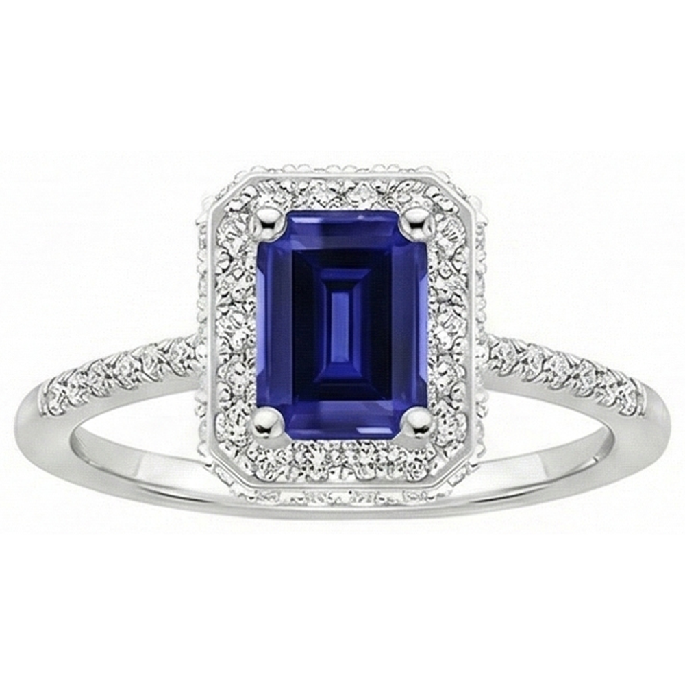 White Gold Halo Ring Emerald Ceylon Sapphire & Natural Earth Mined Diamond ( Not Lab Grown ) 4.25 Carats
