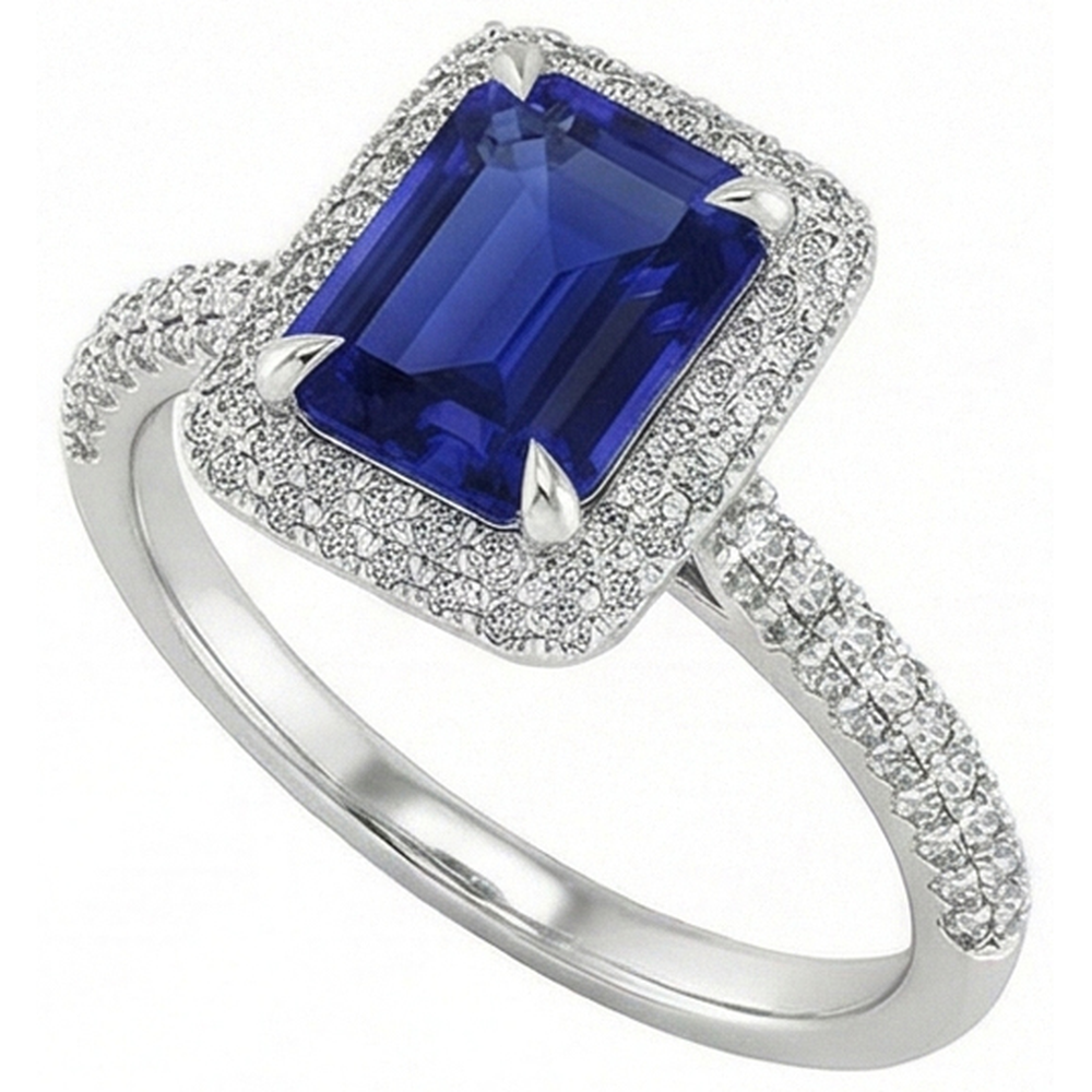 White Gold Halo Ring Emerald Sri Lankan Sapphire & Natural Earth Mined Diamond ( Not Lab Grown ) 4.50 Carats