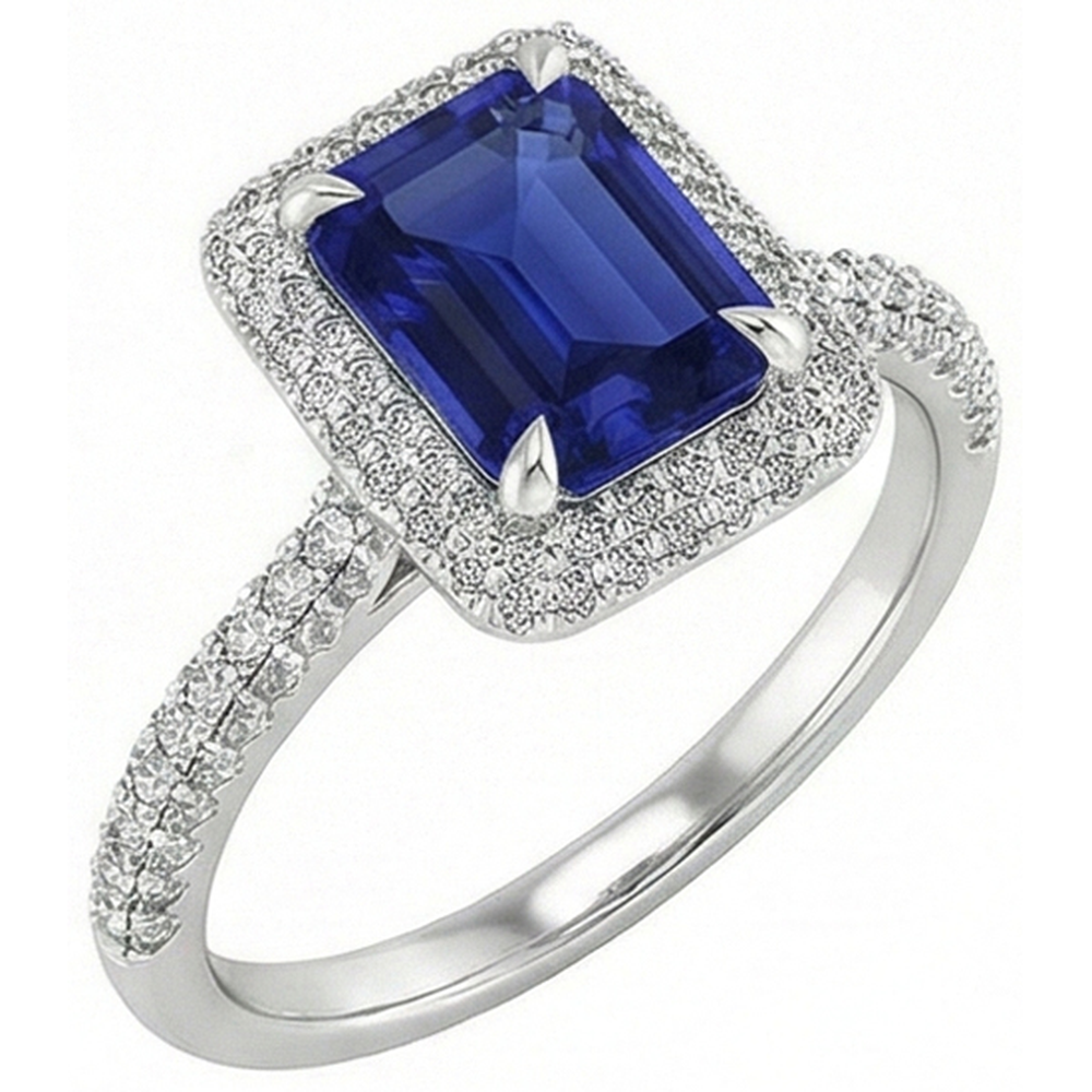 White Gold Halo Ring Emerald Sri Lankan Sapphire & Natural Earth Mined Diamond ( Not Lab Grown ) 4.50 Carats