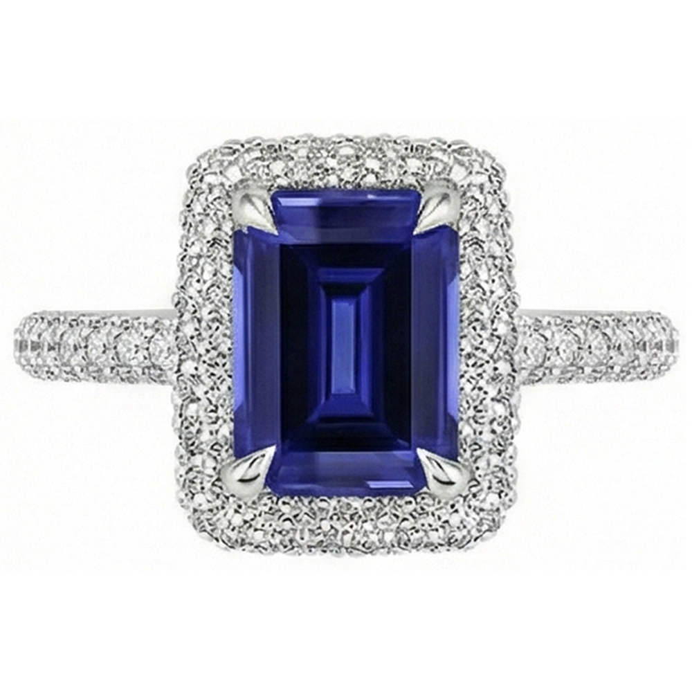 White Gold Halo Ring Emerald Sri Lankan Sapphire & Natural Earth Mined Diamond ( Not Lab Grown ) 4.50 Carats