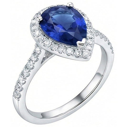 White Gold Jewelry 3.25 Carats Pear Natural Earth Mined Diamond ( Not Lab Grown )  And Sapphire Ring