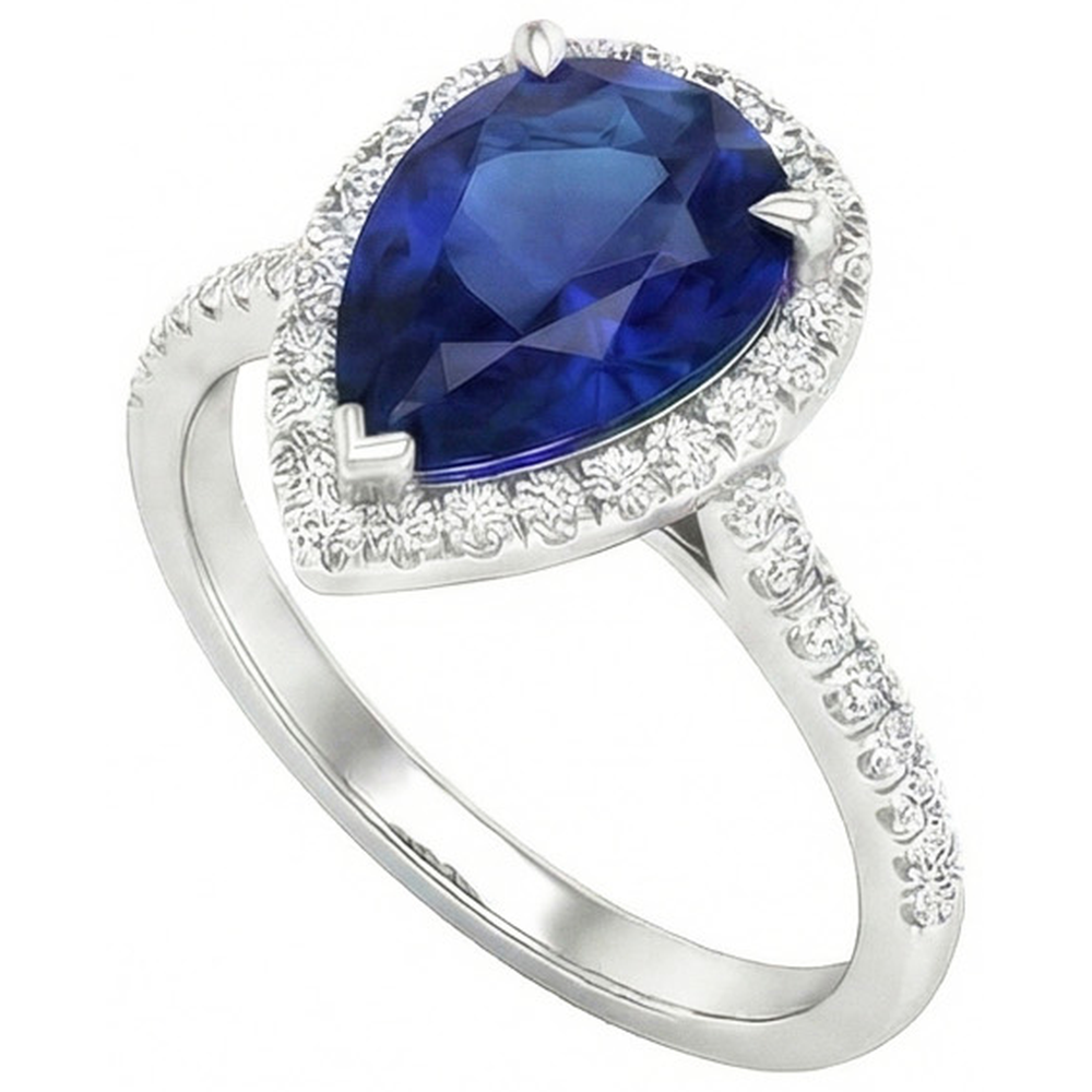 White Gold Jewelry 3.25 Carats Pear Natural Earth Mined Diamond ( Not Lab Grown )  And Sapphire Ring