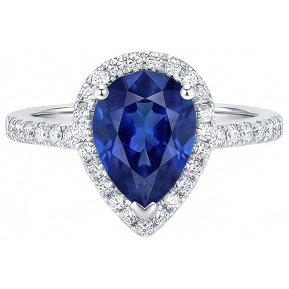 White Gold Jewelry 3.25 Carats Pear Natural Earth Mined Diamond ( Not Lab Grown )  And Sapphire Ring