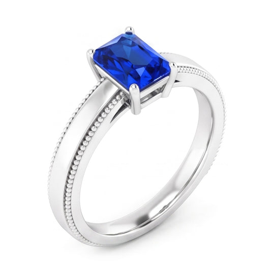 White Gold Men's Ring Solitaire Ceylon Sapphire 1.50 Ct Milgrain Shank