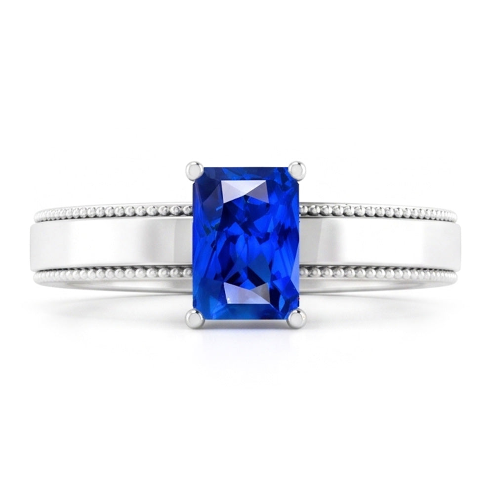 White Gold Men's Ring Solitaire Ceylon Sapphire 1.50 Ct Milgrain Shank