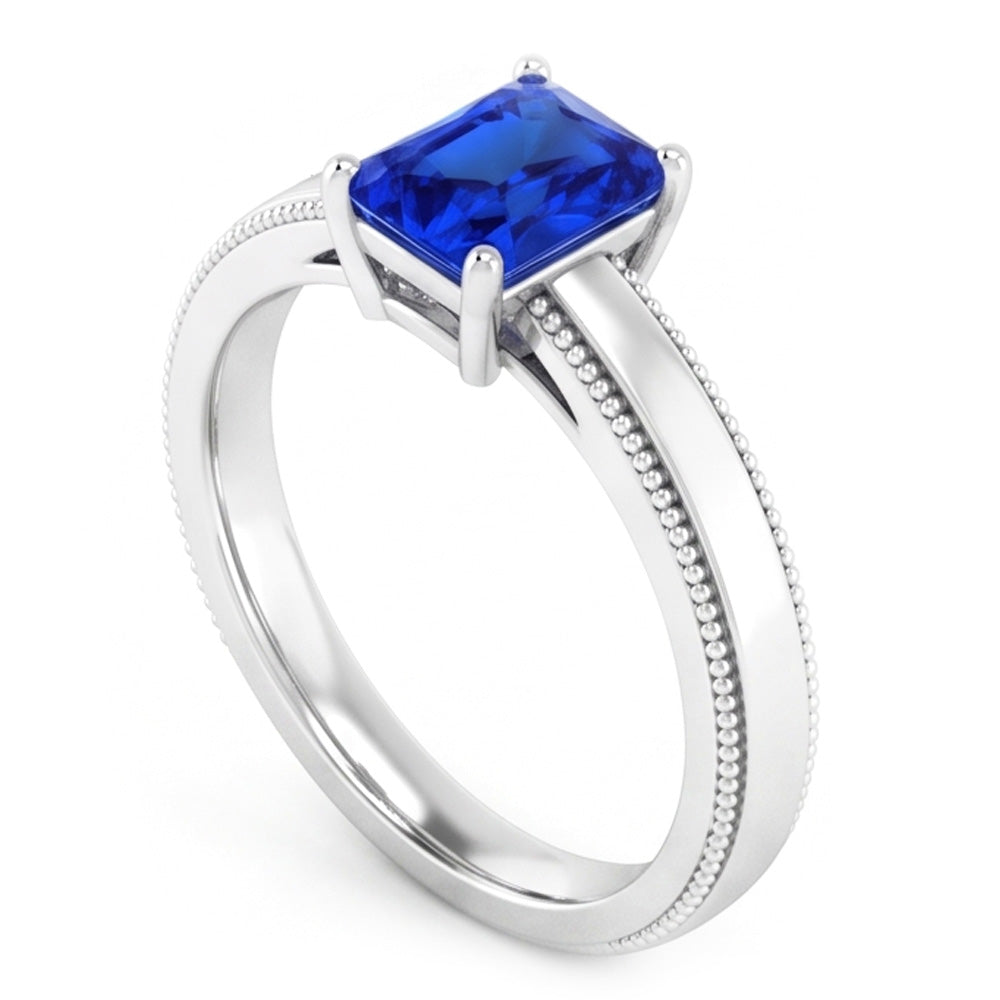 White Gold Men's Ring Solitaire Ceylon Sapphire 1.50 Ct Milgrain Shank