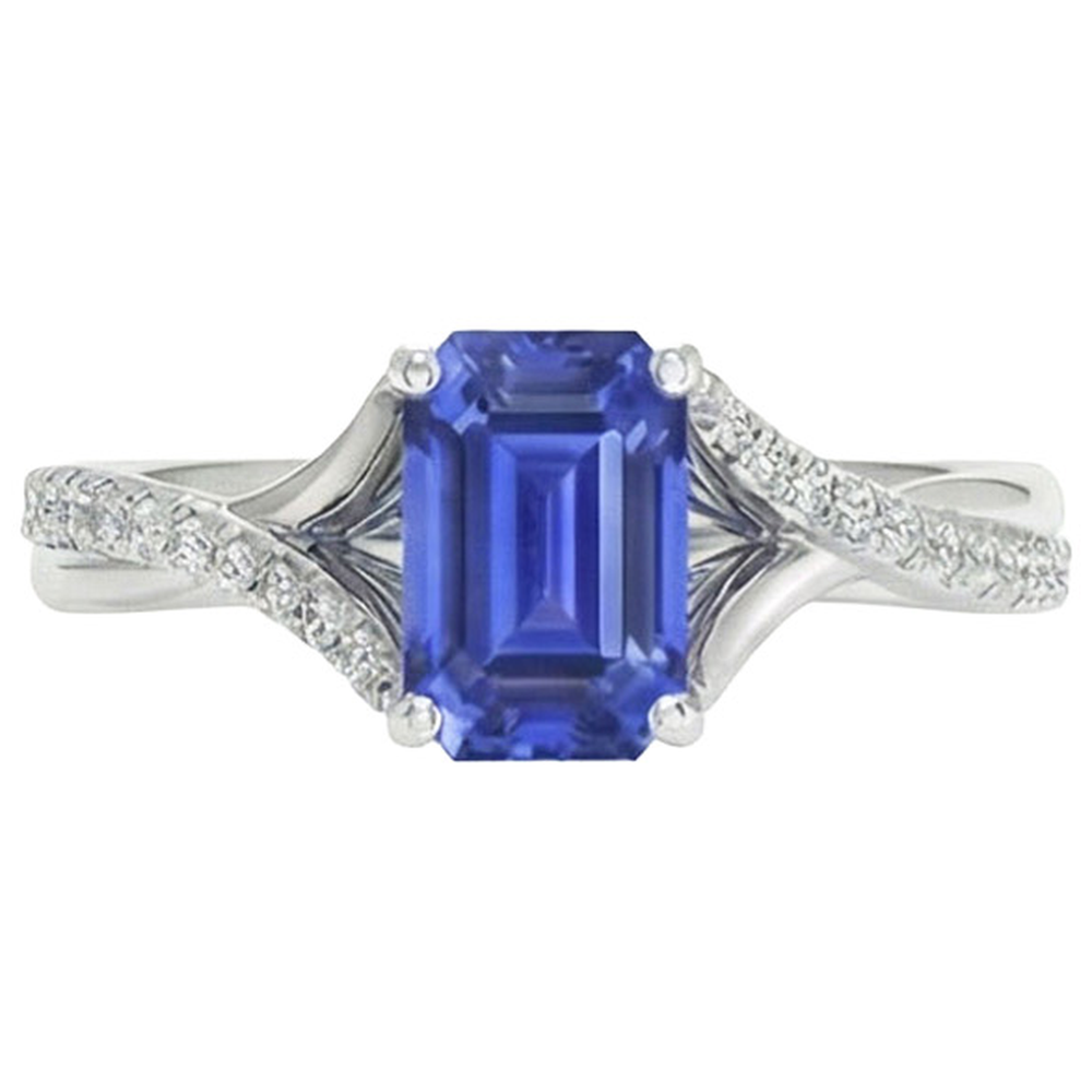 White Gold Natural Earth Mined Diamond ( Not Lab Grown ) & Emerald Cut Sri Lankan Sapphire Ring 5.25 Carats
