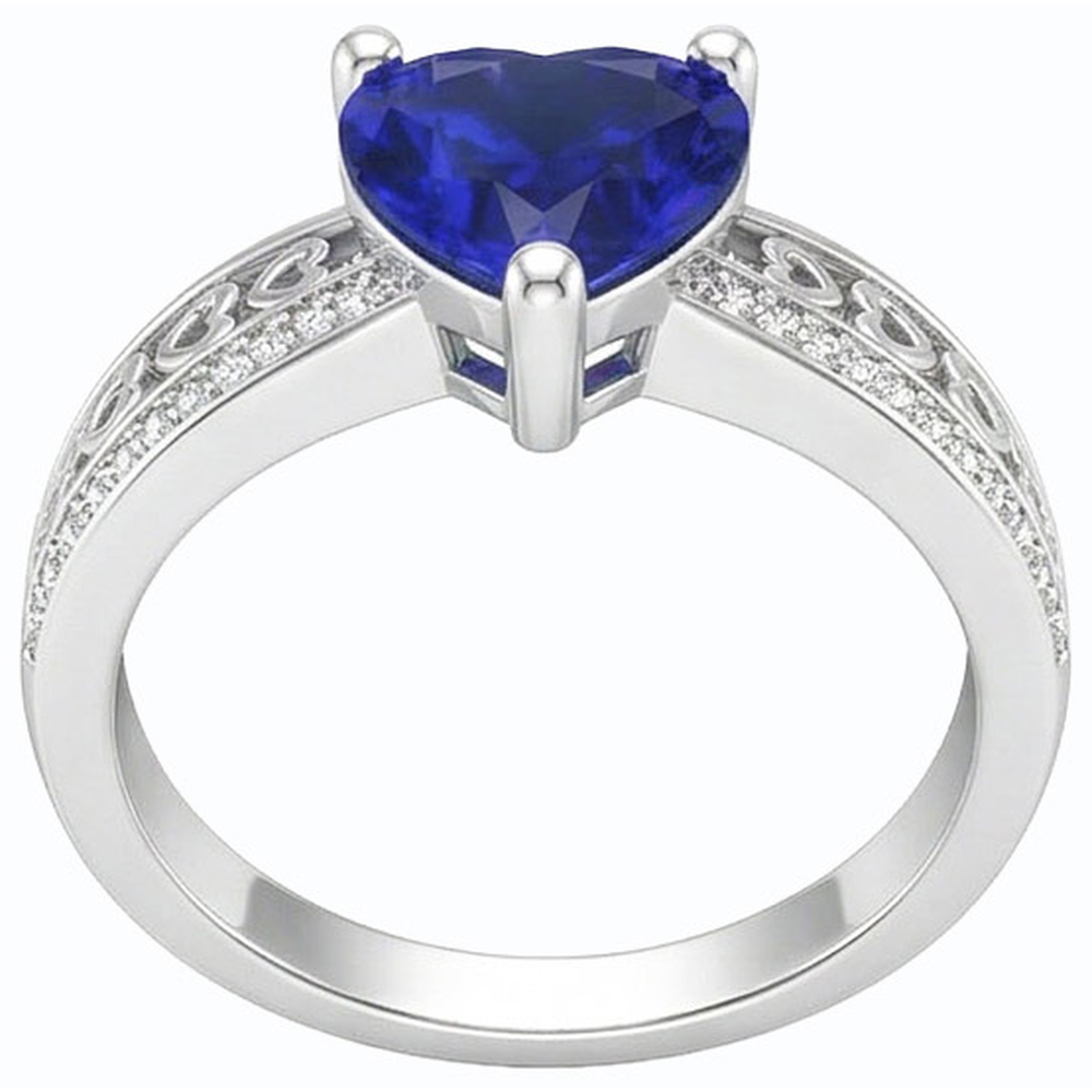 White Gold Natural Earth Mined Diamond ( Not Lab Grown ) Heart Shaped Deep Blue Sapphire Ring 2 Carats