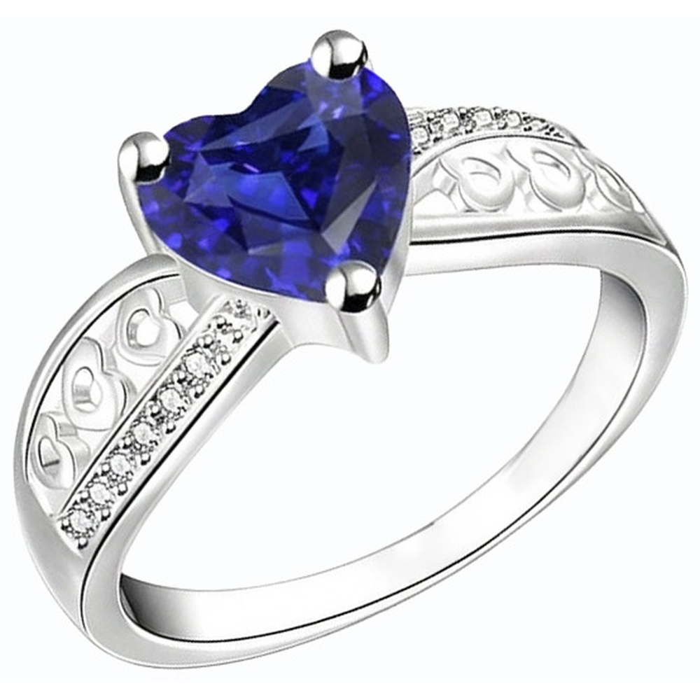 White Gold Natural Earth Mined Diamond ( Not Lab Grown ) Heart Shaped Deep Blue Sapphire Ring 2 Carats
