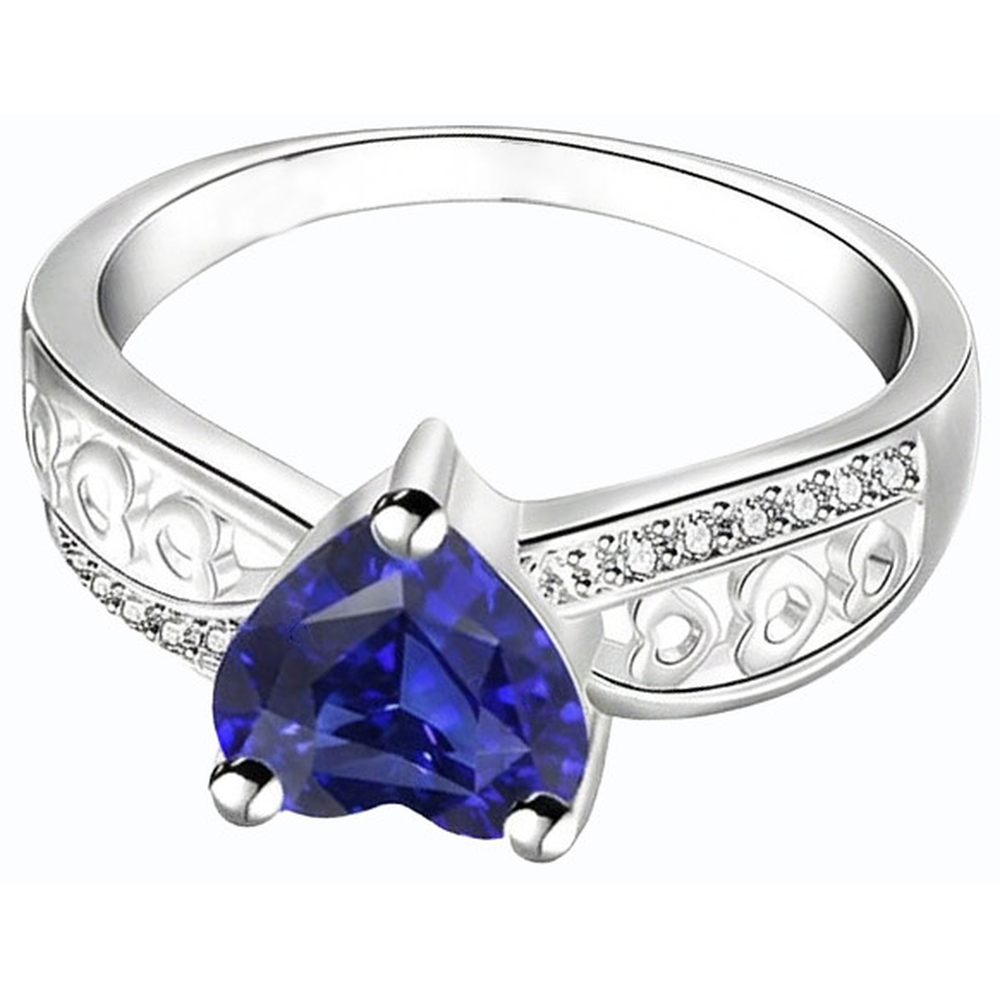 White Gold Natural Earth Mined Diamond ( Not Lab Grown ) Heart Shaped Deep Blue Sapphire Ring 2 Carats