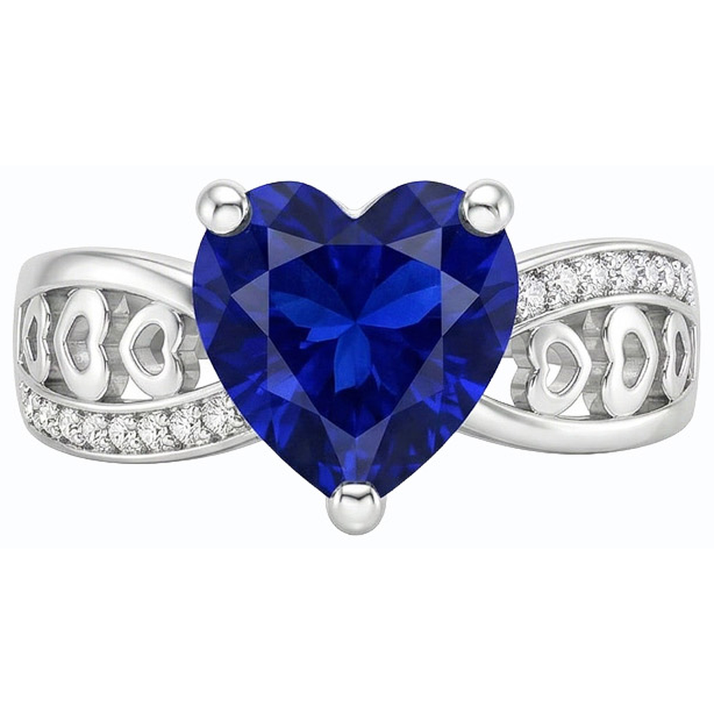 White Gold Natural Earth Mined Diamond ( Not Lab Grown ) Heart Shaped Deep Blue Sapphire Ring 2 Carats
