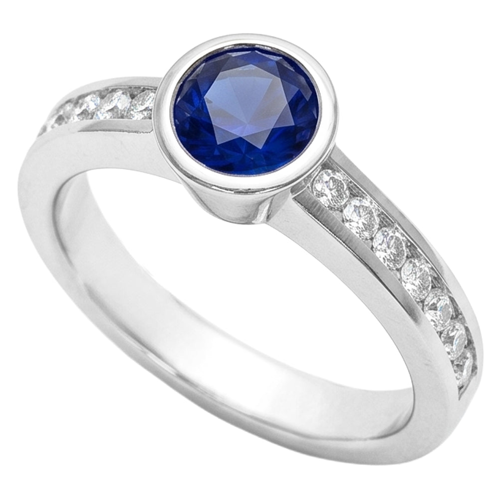 White Gold Natural Earth Mined Diamond ( Not Lab Grown ) Ring 2 Carat Round Bezel Set Blue Sapphire Gemstone