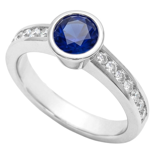 White Gold Natural Earth Mined Diamond ( Not Lab Grown ) Ring 2 Carat Round Bezel Set Blue Sapphire Gemstone