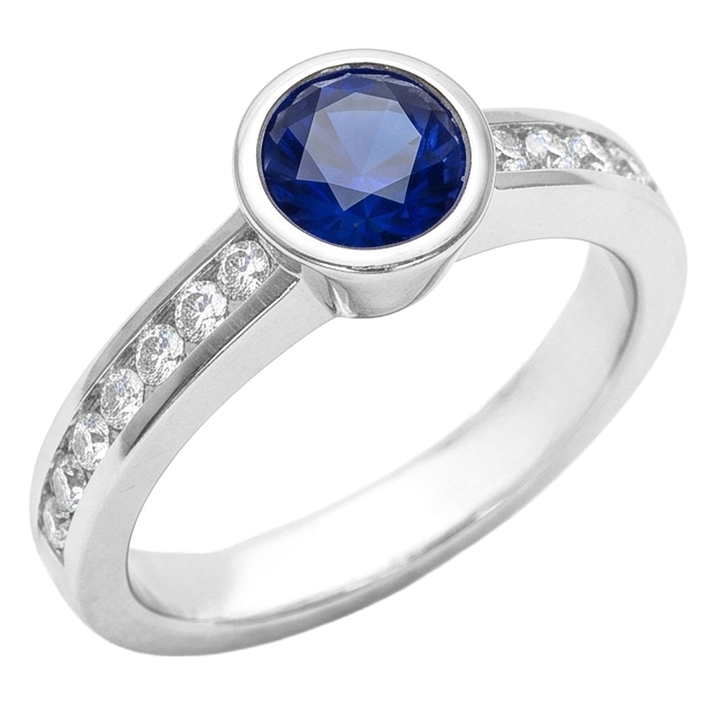 White Gold Natural Earth Mined Diamond ( Not Lab Grown ) Ring 2 Carat Round Bezel Set Blue Sapphire Gemstone