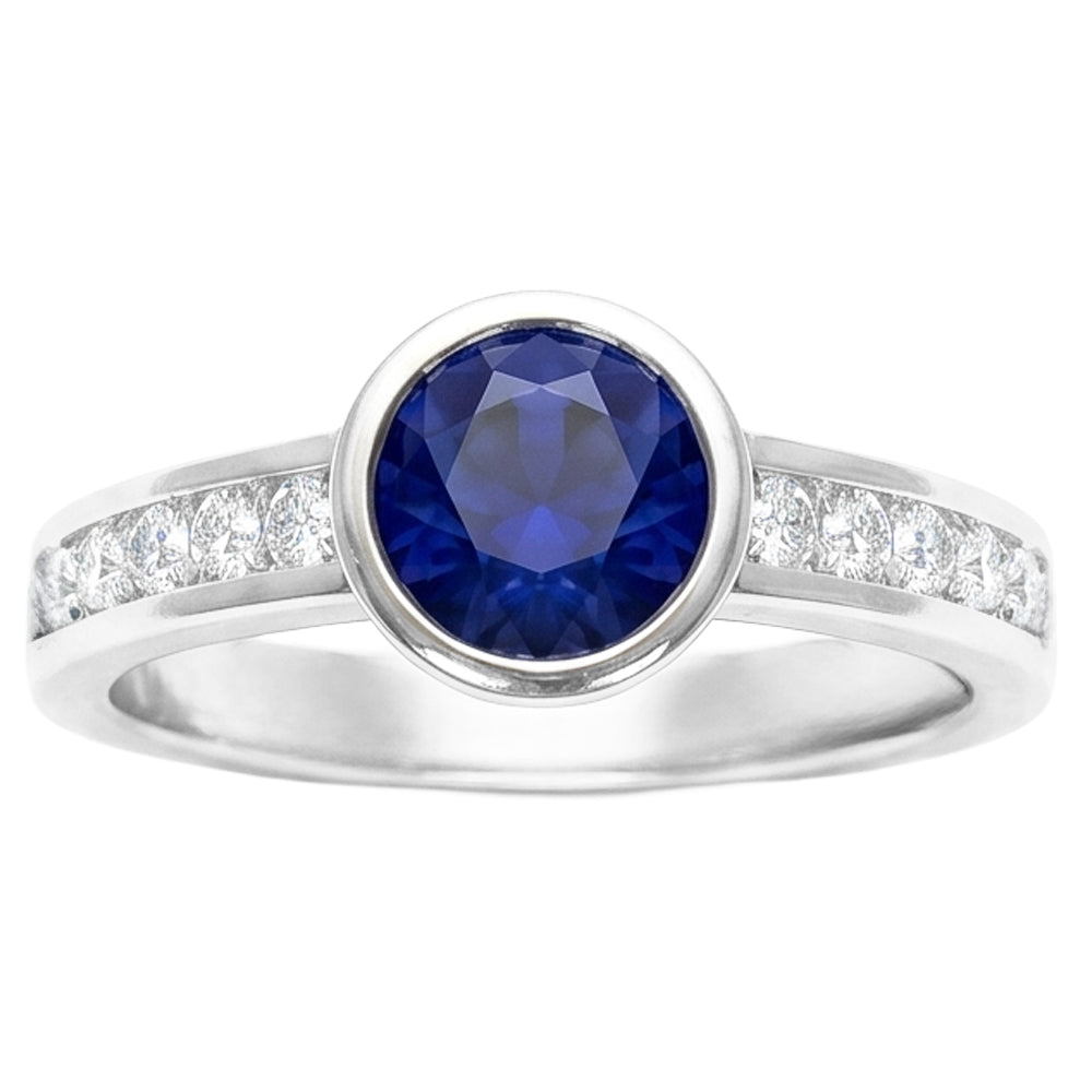 White Gold Natural Earth Mined Diamond ( Not Lab Grown ) Ring 2 Carat Round Bezel Set Blue Sapphire Gemstone