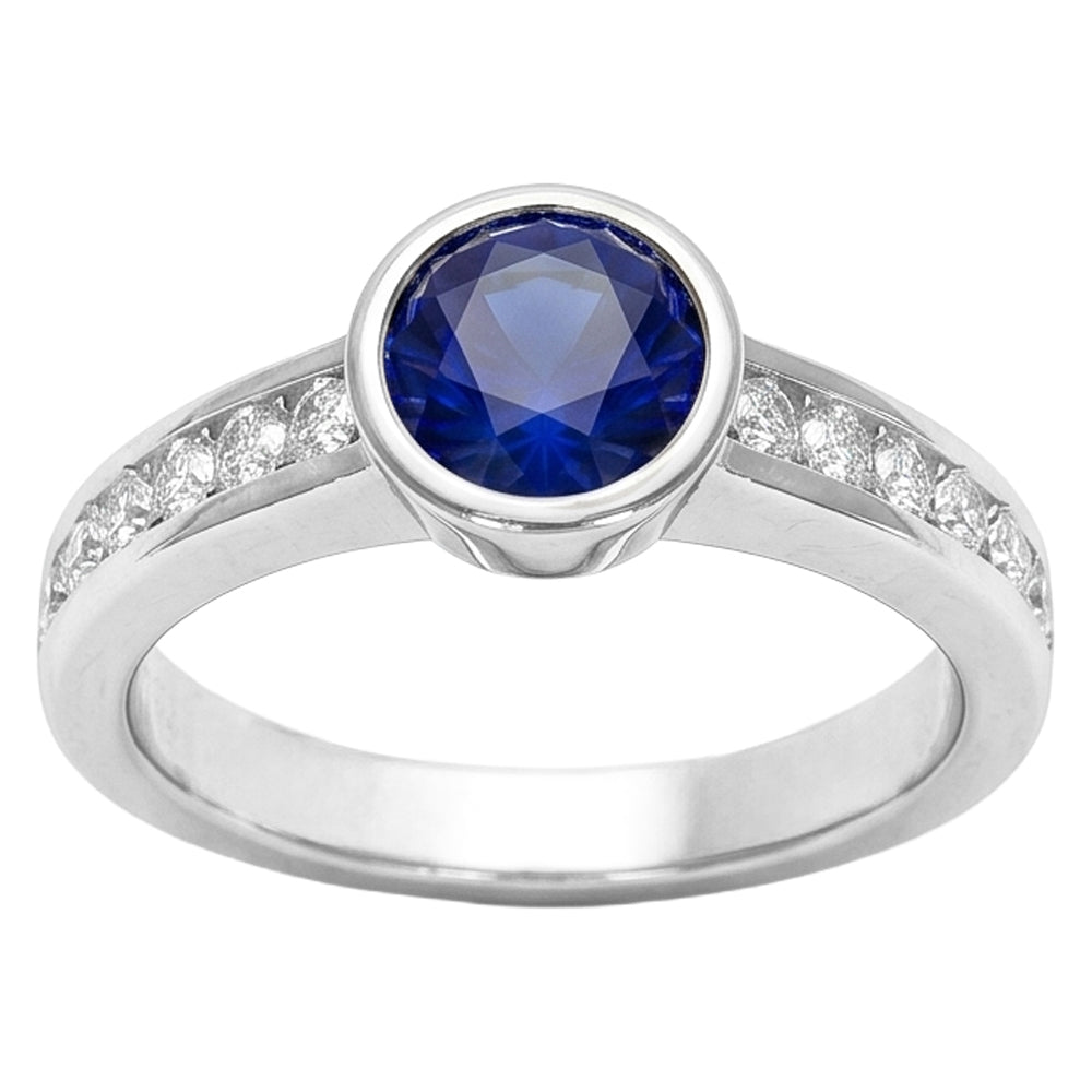 White Gold Natural Earth Mined Diamond ( Not Lab Grown ) Ring 2 Carat Round Bezel Set Blue Sapphire Gemstone