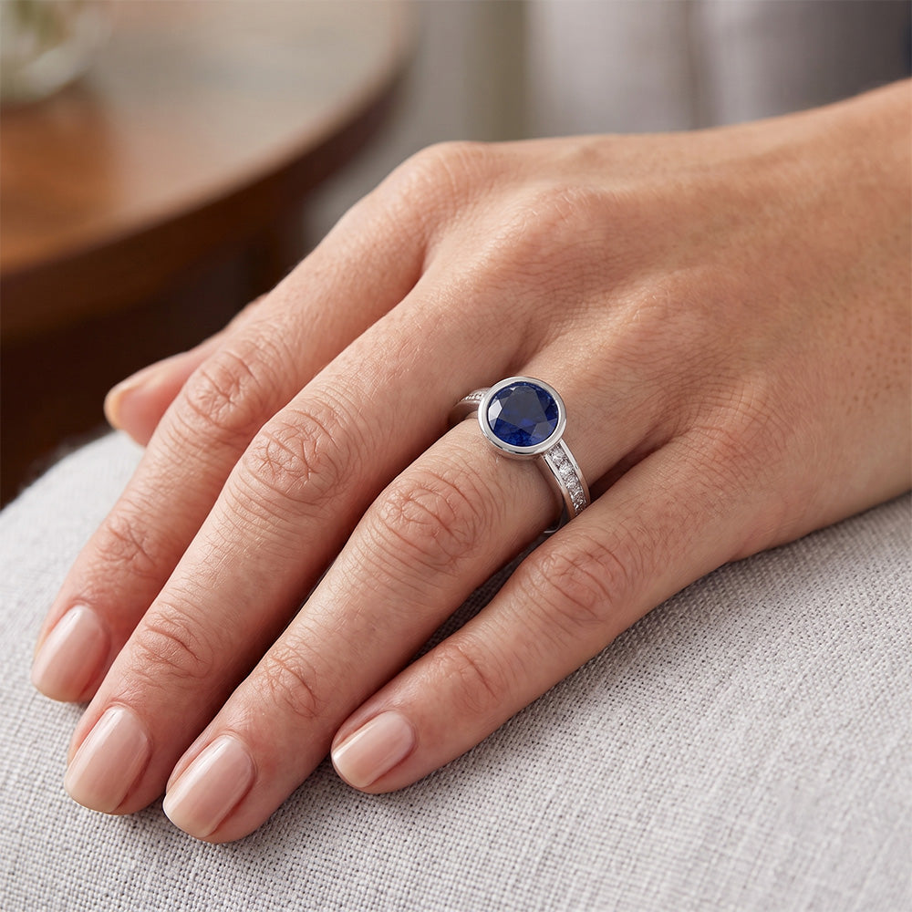 White Gold Natural Earth Mined Diamond ( Not Lab Grown ) Ring 2 Carat Round Bezel Set Blue Sapphire Gemstone