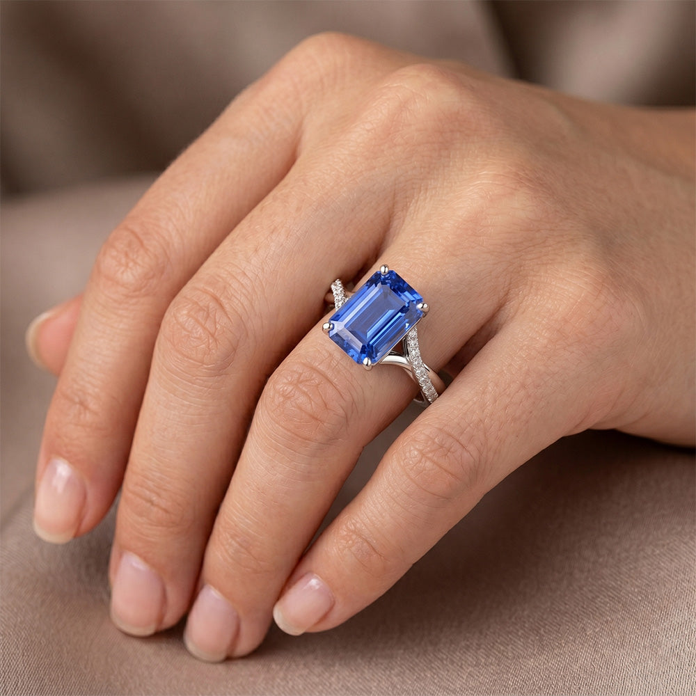 White Gold Natural Earth Mined Diamond ( Not Lab Grown ) & Emerald Cut Sri Lankan Sapphire Ring 5.25 Carats