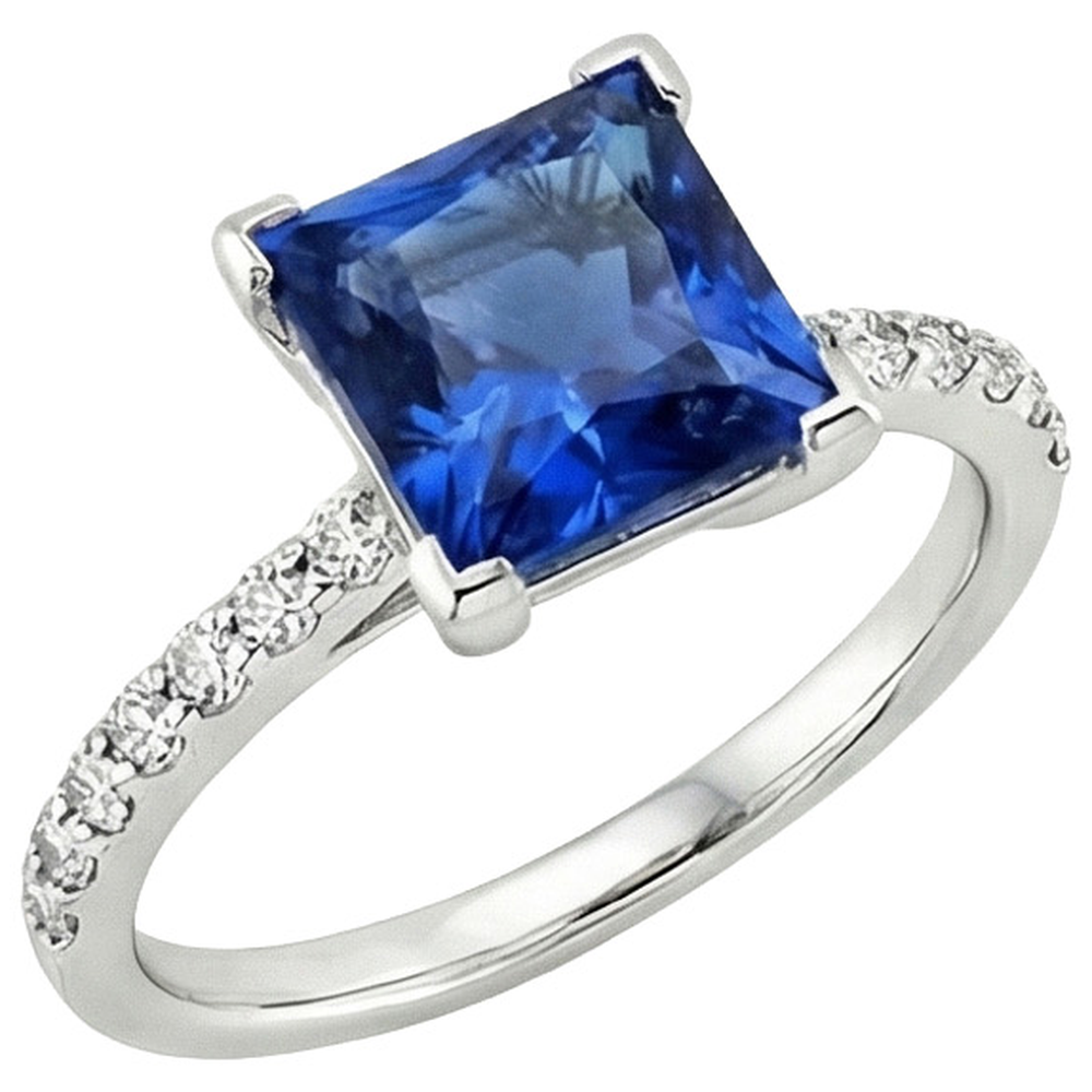 White Gold Ring Solitaire Ceylon Blue Sapphire With Accents 4 Carats