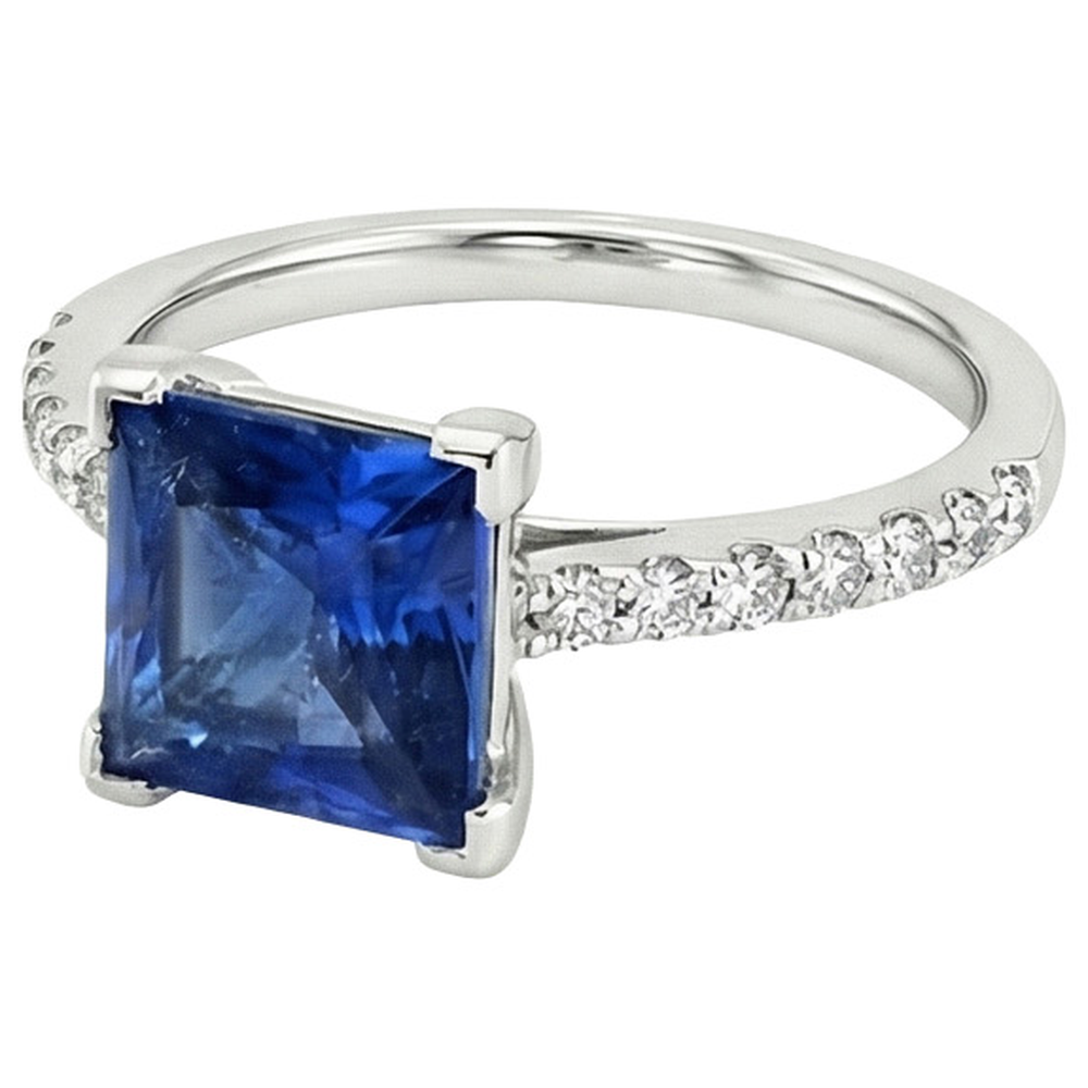 White Gold Ring Solitaire Ceylon Blue Sapphire With Accents 4 Carats