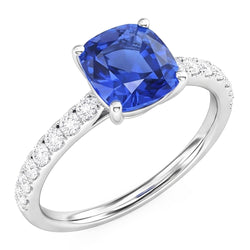 White Gold Solitaire Blue Sapphire Ring & Accented Natural Earth Mined Diamond ( Not Lab Grown ) 2.50 Carats