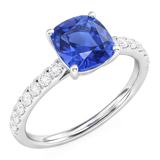 White Gold Solitaire Blue Sapphire Ring & Accented Natural Earth Mined Diamond ( Not Lab Grown ) 2.50 Carats