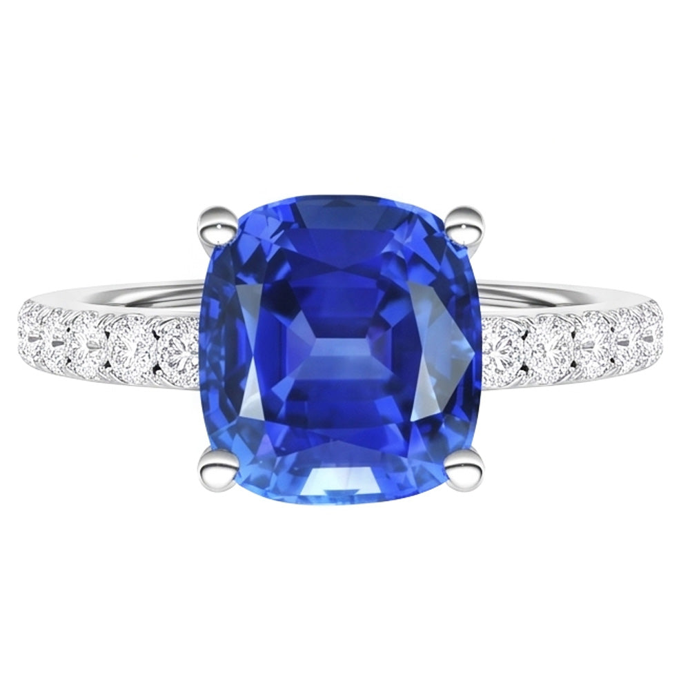White Gold Solitaire Blue Sapphire Ring & Accented Natural Earth Mined Diamond ( Not Lab Grown ) 2.50 Carats