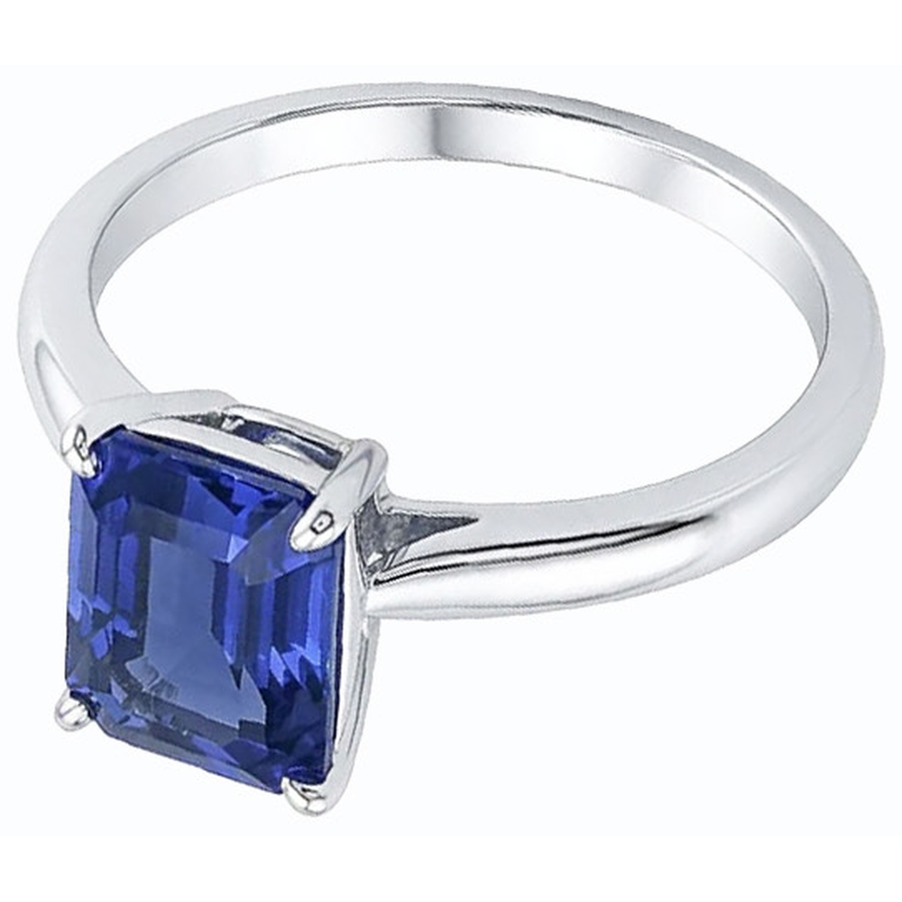 White Gold Solitaire Emerald Natural Blue Sapphire Ring 2 Carats
