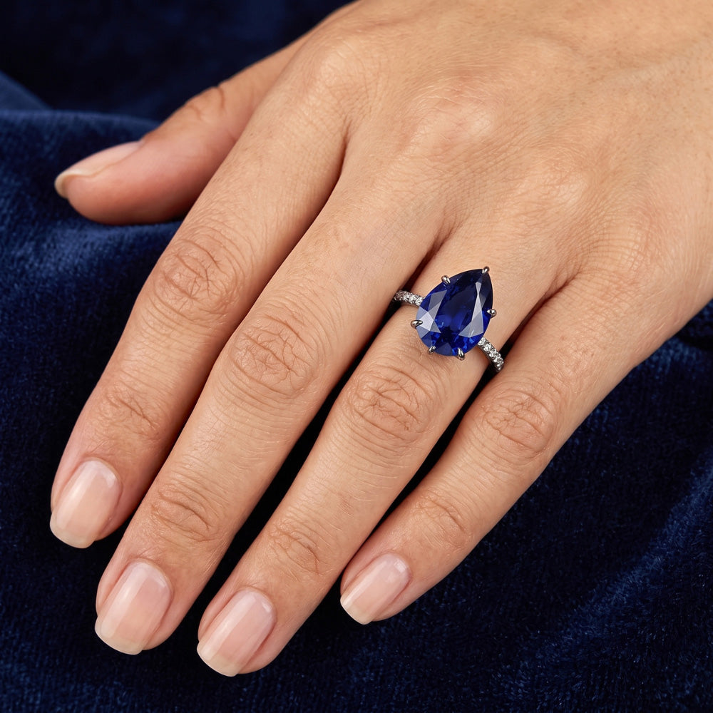 White Gold Solitaire Ring Blue Sapphire With Natural Earth Mined Diamond ( Not Lab Grown ) Accents 5 Carats